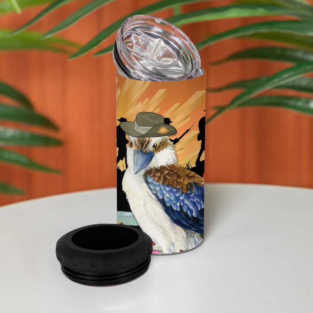 Australia Kookaburra ANZAC Day 4 in 1 Can Cooler Tumbler Rising Sun 25th April Poppy Eucalyptus Blossoms - Aussie Hoodie