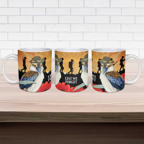 Australia Kookaburra ANZAC Day Ceramic Mug Rising Sun 25th April Poppy Eucalyptus Blossoms - Aussie Hoodie