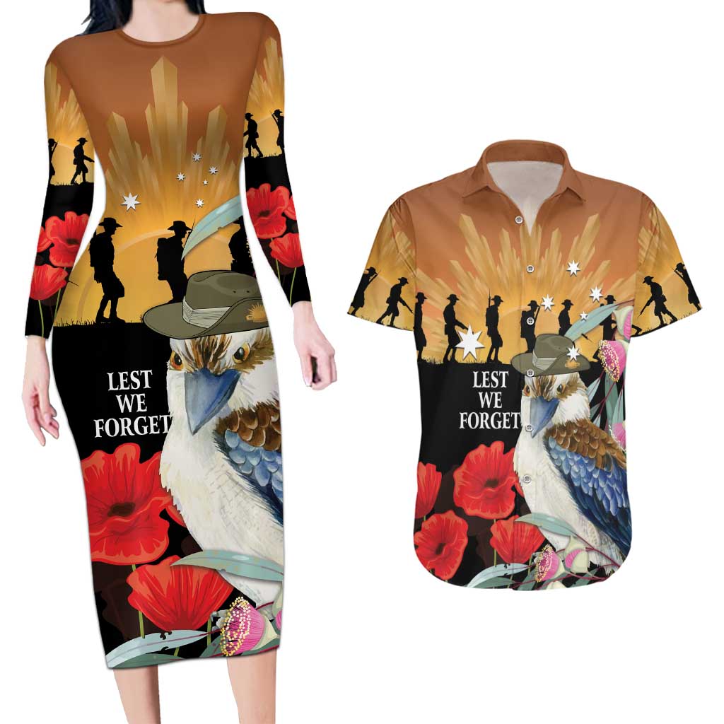 Australia Kookaburra ANZAC Day Couples Matching Long Sleeve Bodycon Dress and Hawaiian Shirt Rising Sun 25th April Poppy Eucalyptus Blossoms - Aussie Hoodie