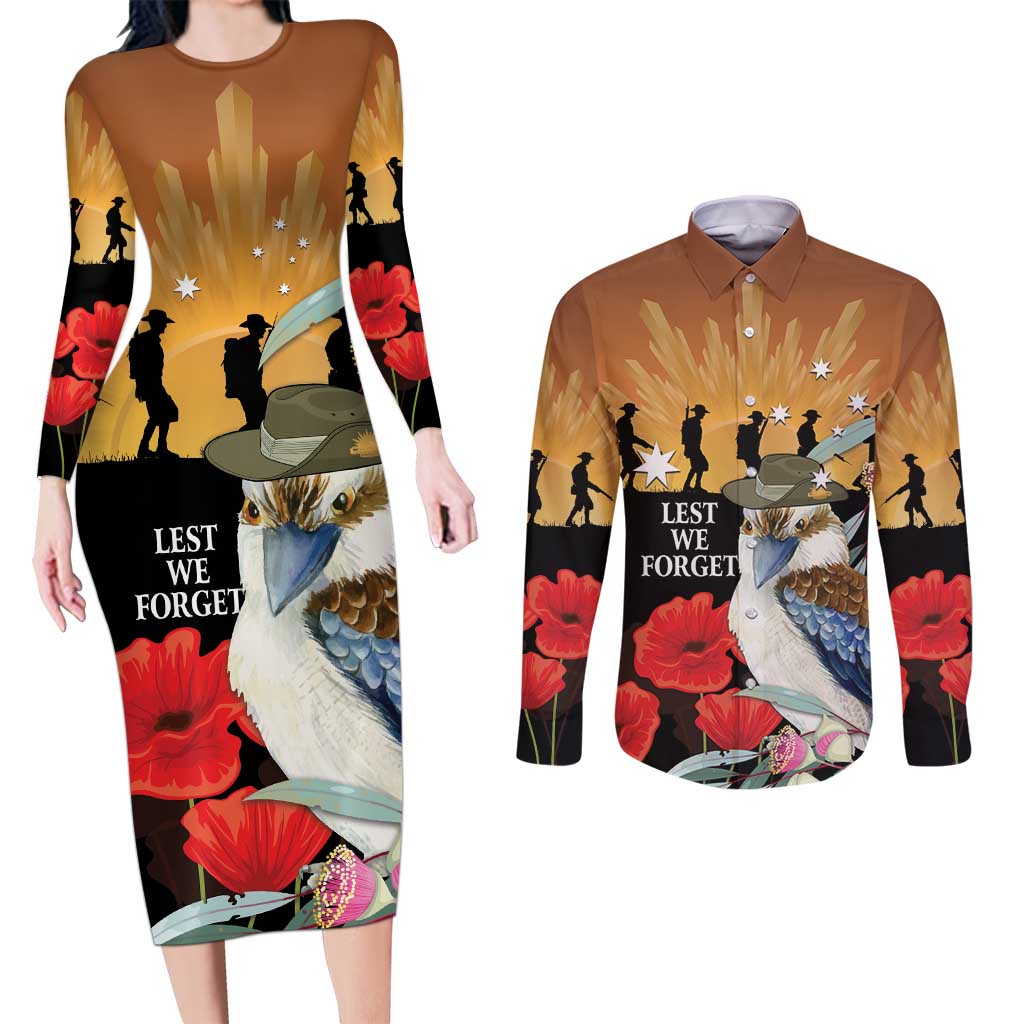 Australia Kookaburra ANZAC Day Couples Matching Long Sleeve Bodycon Dress and Long Sleeve Button Shirt Rising Sun 25th April Poppy Eucalyptus Blossoms - Aussie Hoodie