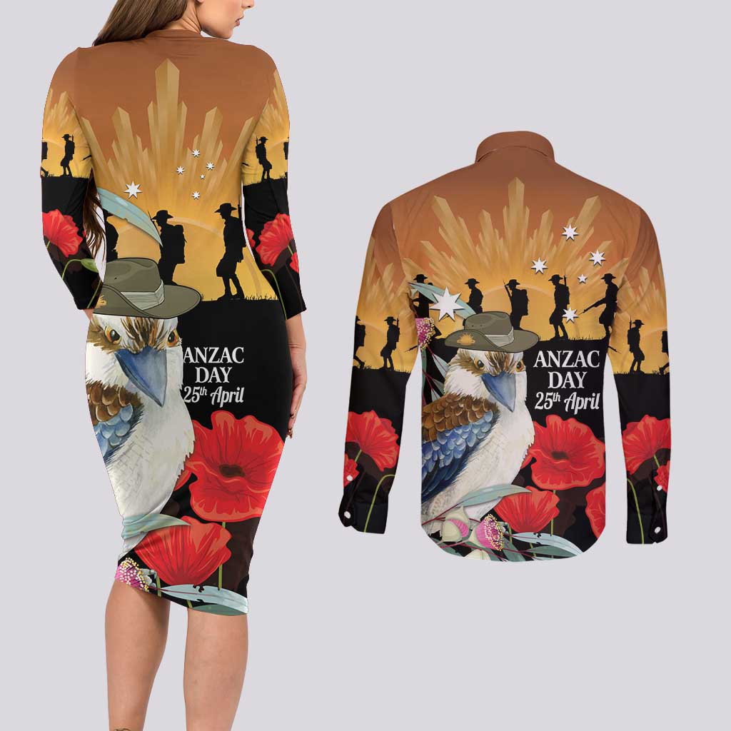 Australia Kookaburra ANZAC Day Couples Matching Long Sleeve Bodycon Dress and Long Sleeve Button Shirt Rising Sun 25th April Poppy Eucalyptus Blossoms - Aussie Hoodie