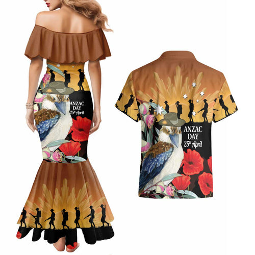 Australia Kookaburra ANZAC Day Couples Matching Mermaid Dress and Hawaiian Shirt Rising Sun 25th April Poppy Eucalyptus Blossoms - Aussie Hoodie