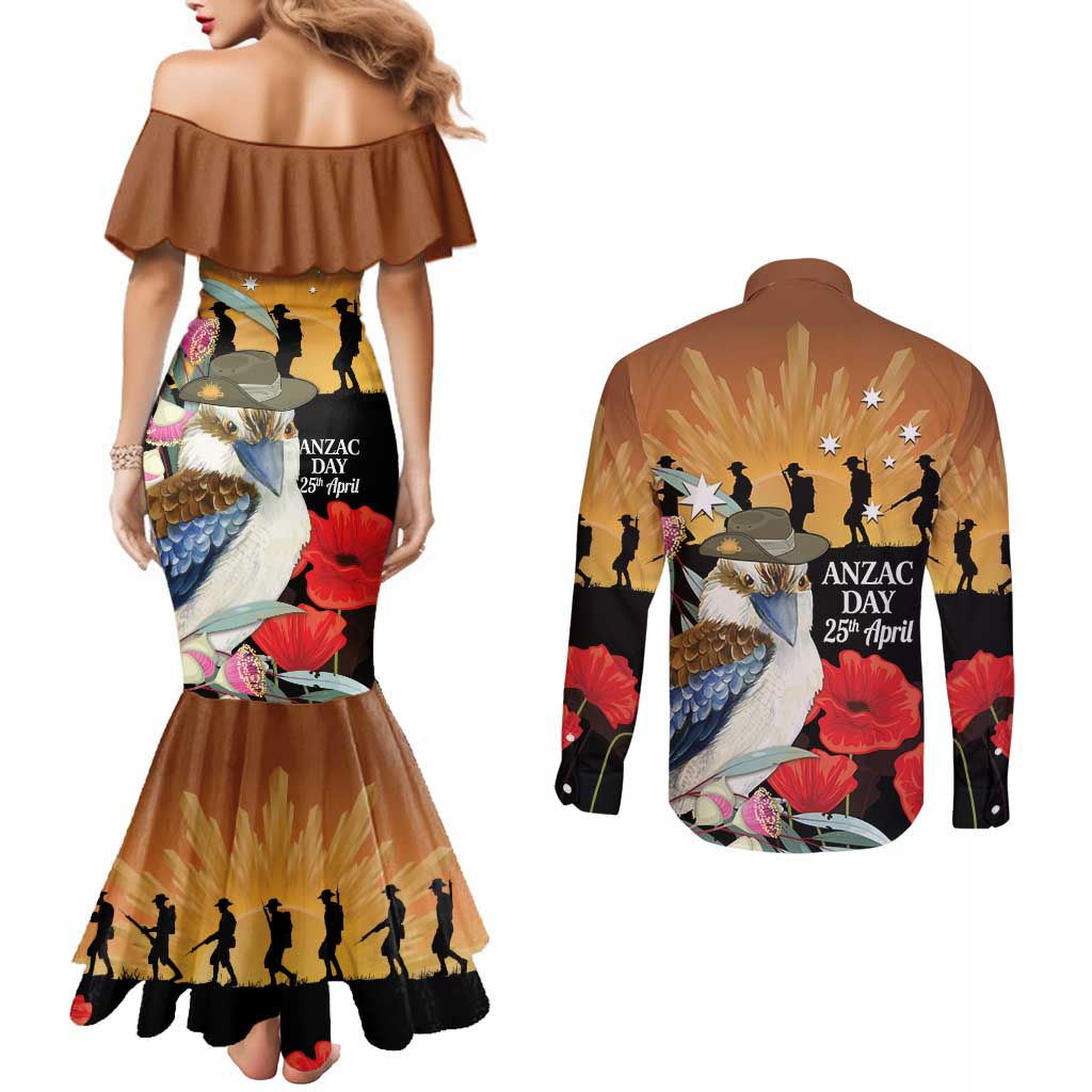 Australia Kookaburra ANZAC Day Couples Matching Mermaid Dress and Long Sleeve Button Shirt Rising Sun 25th April Poppy Eucalyptus Blossoms - Aussie Hoodie