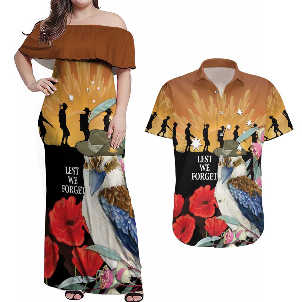 Australia Kookaburra ANZAC Day Couples Matching Off Shoulder Maxi Dress and Hawaiian Shirt Rising Sun 25th April Poppy Eucalyptus Blossoms - Aussie Hoodie