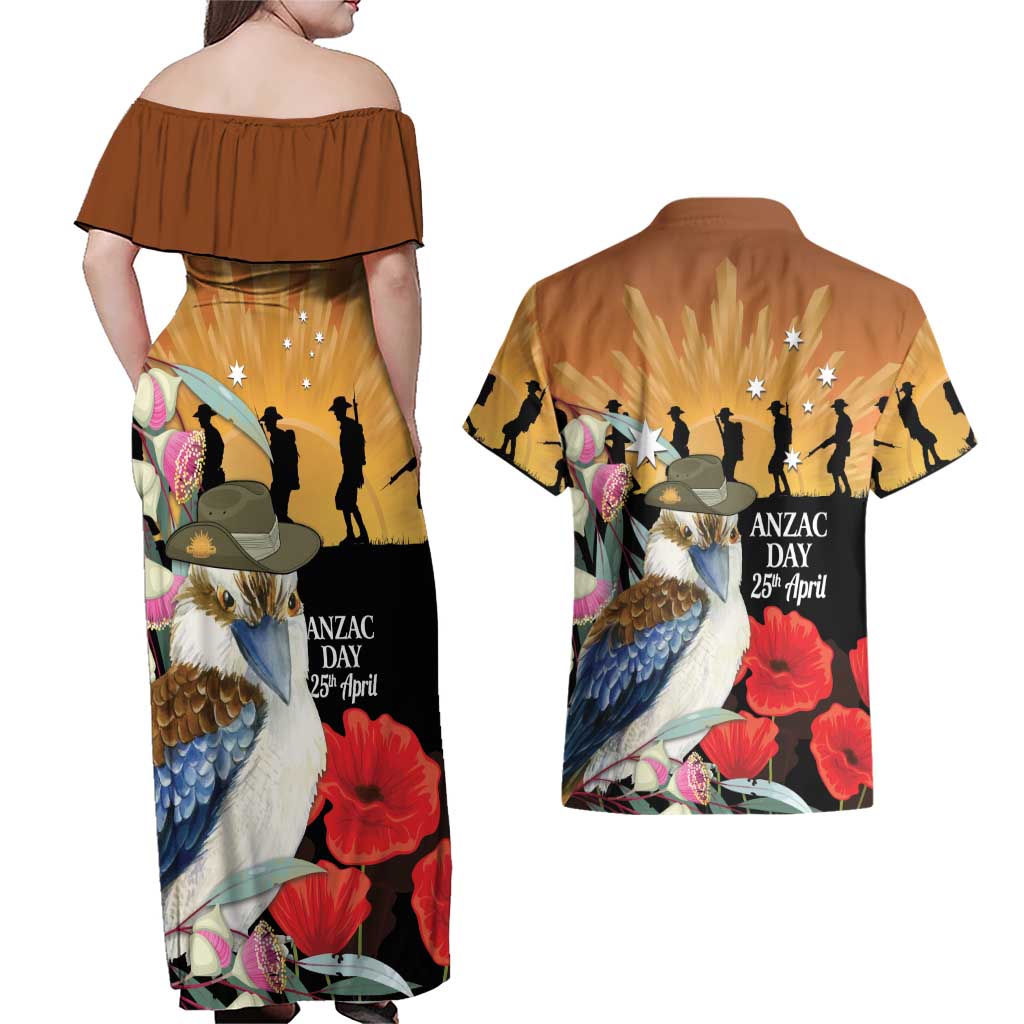 Australia Kookaburra ANZAC Day Couples Matching Off Shoulder Maxi Dress and Hawaiian Shirt Rising Sun 25th April Poppy Eucalyptus Blossoms - Aussie Hoodie