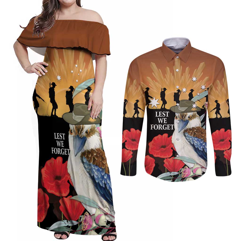 Australia Kookaburra ANZAC Day Couples Matching Off Shoulder Maxi Dress and Long Sleeve Button Shirt Rising Sun 25th April Poppy Eucalyptus Blossoms - Aussie Hoodie