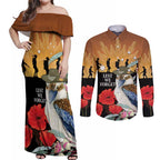 Australia Kookaburra ANZAC Day Couples Matching Off Shoulder Maxi Dress and Long Sleeve Button Shirt Rising Sun 25th April Poppy Eucalyptus Blossoms - Aussie Hoodie