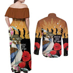 Australia Kookaburra ANZAC Day Couples Matching Off Shoulder Maxi Dress and Long Sleeve Button Shirt Rising Sun 25th April Poppy Eucalyptus Blossoms - Aussie Hoodie