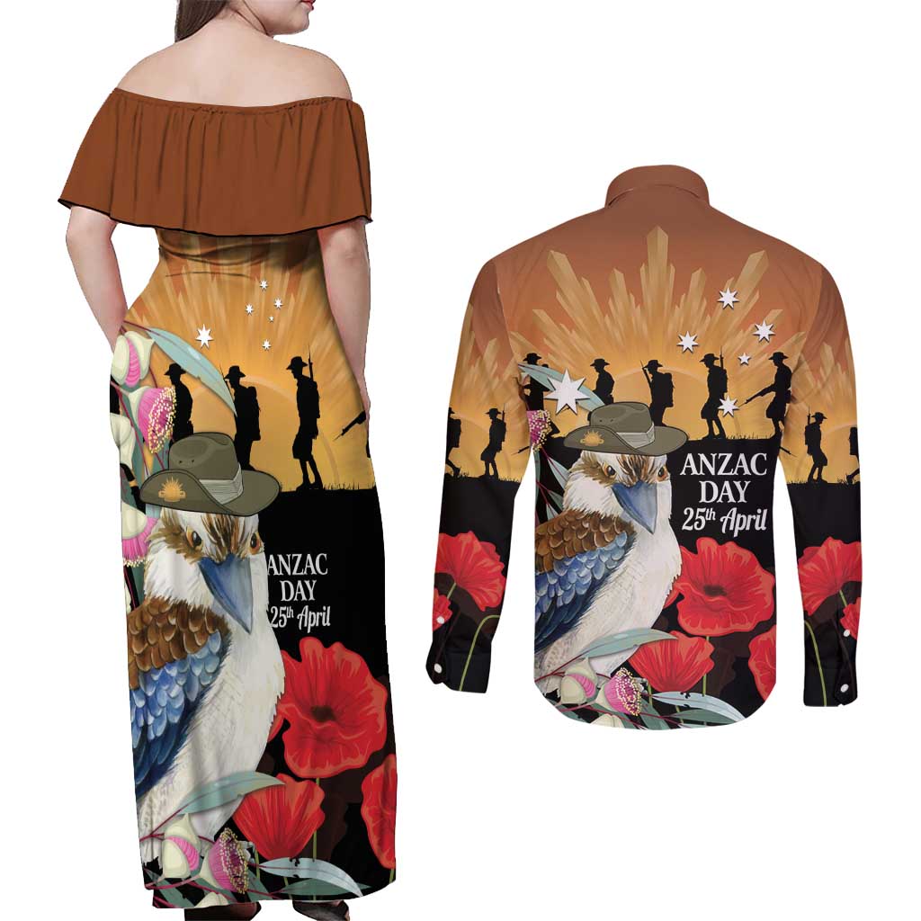Australia Kookaburra ANZAC Day Couples Matching Off Shoulder Maxi Dress and Long Sleeve Button Shirt Rising Sun 25th April Poppy Eucalyptus Blossoms - Aussie Hoodie