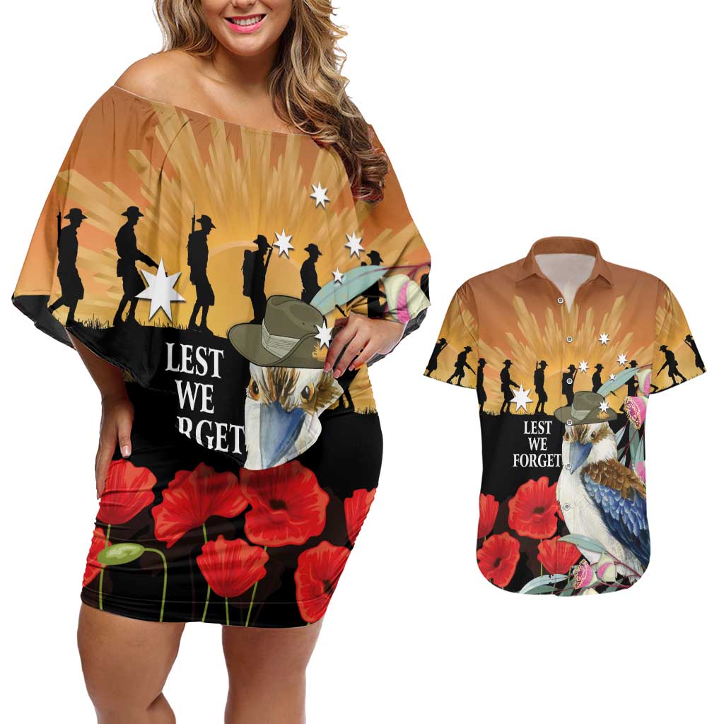 Australia Kookaburra ANZAC Day Couples Matching Off Shoulder Short Dress and Hawaiian Shirt Rising Sun 25th April Poppy Eucalyptus Blossoms - Aussie Hoodie