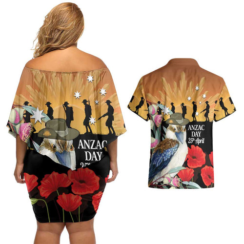 Australia Kookaburra ANZAC Day Couples Matching Off Shoulder Short Dress and Hawaiian Shirt Rising Sun 25th April Poppy Eucalyptus Blossoms - Aussie Hoodie