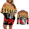 Australia Kookaburra ANZAC Day Couples Matching Off Shoulder Short Dress and Long Sleeve Button Shirt Rising Sun 25th April Poppy Eucalyptus Blossoms - Aussie Hoodie