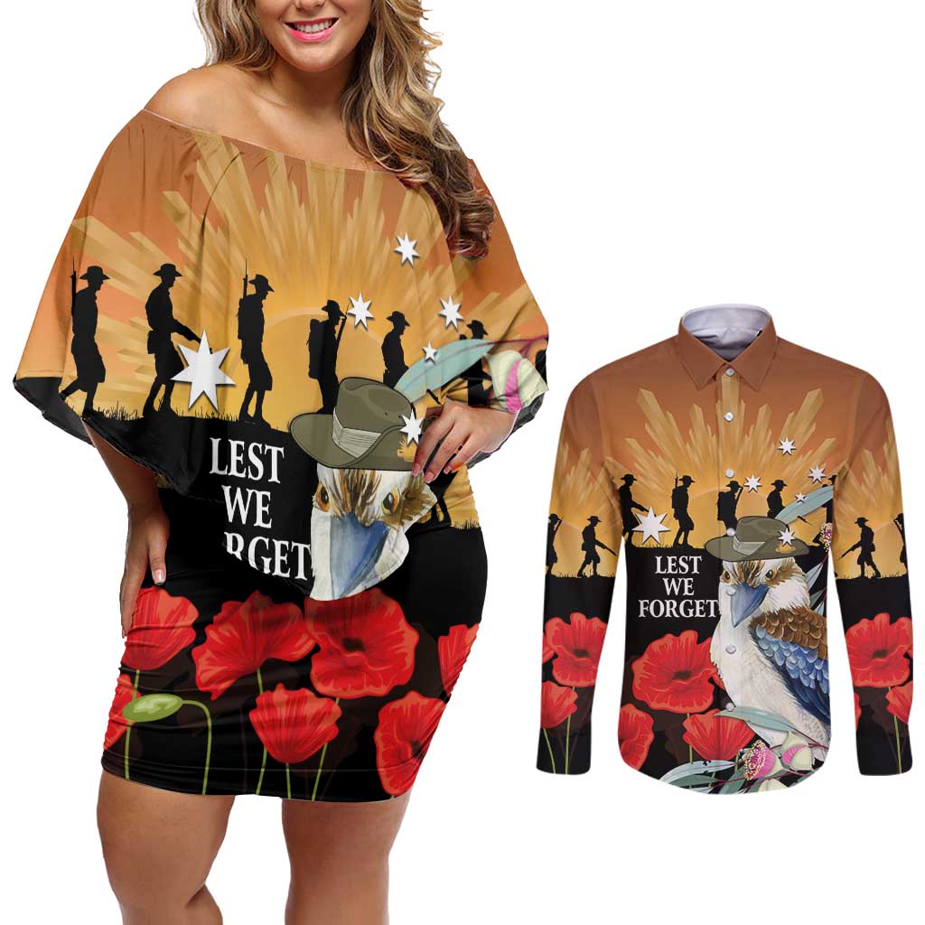 Australia Kookaburra ANZAC Day Couples Matching Off Shoulder Short Dress and Long Sleeve Button Shirt Rising Sun 25th April Poppy Eucalyptus Blossoms - Aussie Hoodie