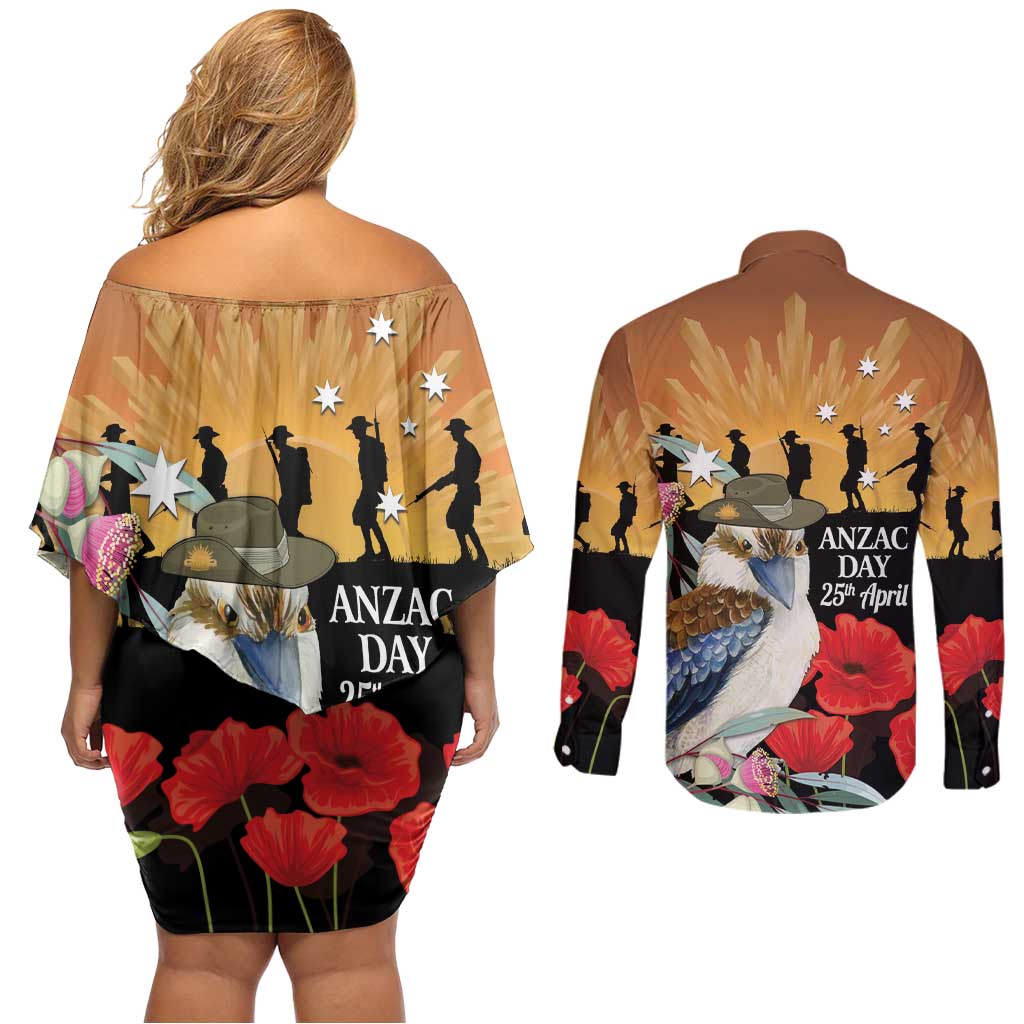 Australia Kookaburra ANZAC Day Couples Matching Off Shoulder Short Dress and Long Sleeve Button Shirt Rising Sun 25th April Poppy Eucalyptus Blossoms - Aussie Hoodie