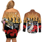 Australia Kookaburra ANZAC Day Couples Matching Off Shoulder Short Dress and Long Sleeve Button Shirt Rising Sun 25th April Poppy Eucalyptus Blossoms - Aussie Hoodie