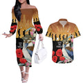 Australia Kookaburra ANZAC Day Couples Matching Off The Shoulder Long Sleeve Dress and Hawaiian Shirt Rising Sun 25th April Poppy Eucalyptus Blossoms - Aussie Hoodie