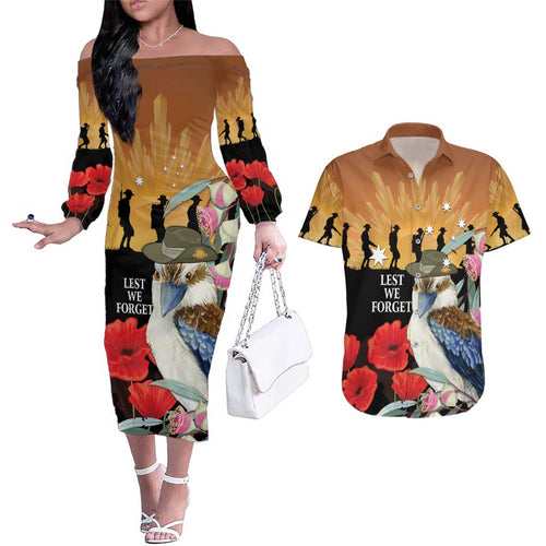 Australia Kookaburra ANZAC Day Couples Matching Off The Shoulder Long Sleeve Dress and Hawaiian Shirt Rising Sun 25th April Poppy Eucalyptus Blossoms - Aussie Hoodie