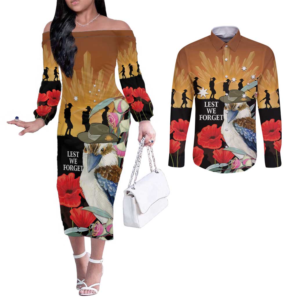 Australia Kookaburra ANZAC Day Couples Matching Off The Shoulder Long Sleeve Dress and Long Sleeve Button Shirt Rising Sun 25th April Poppy Eucalyptus Blossoms - Aussie Hoodie