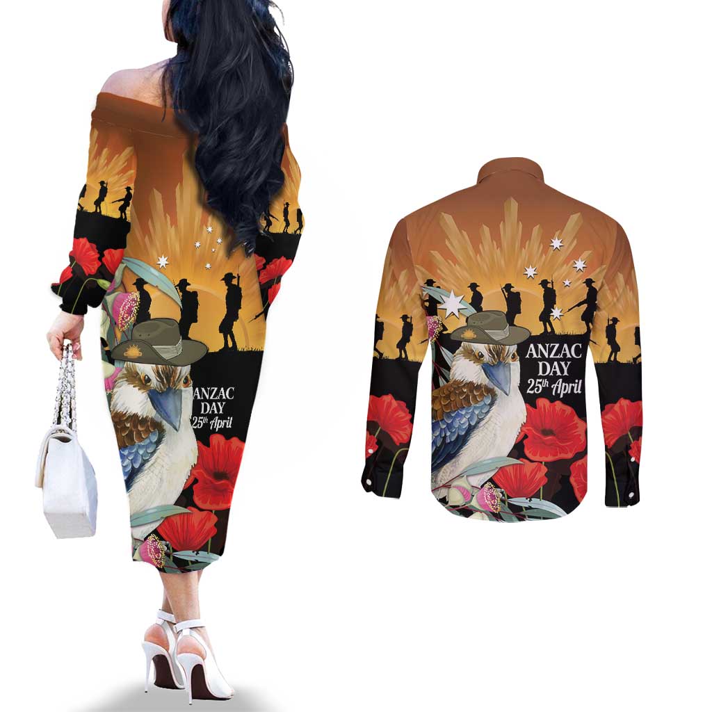 Australia Kookaburra ANZAC Day Couples Matching Off The Shoulder Long Sleeve Dress and Long Sleeve Button Shirt Rising Sun 25th April Poppy Eucalyptus Blossoms - Aussie Hoodie