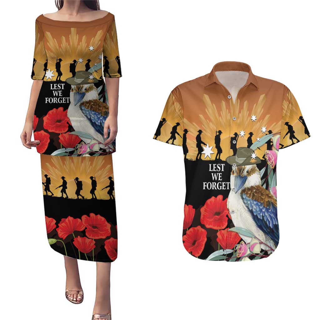 Australia Kookaburra ANZAC Day Couples Matching Puletasi and Hawaiian Shirt Rising Sun 25th April Poppy Eucalyptus Blossoms - Aussie Hoodie