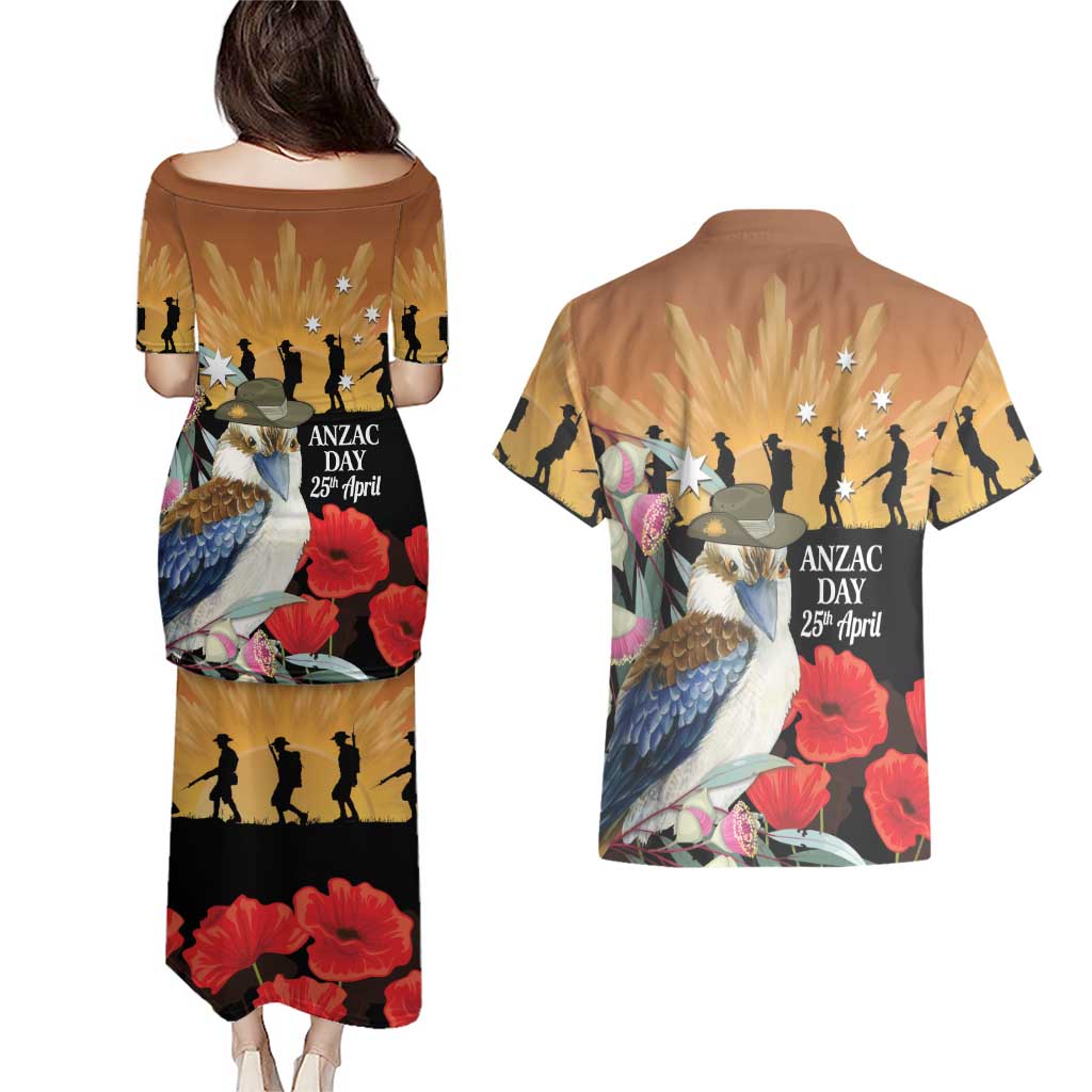 Australia Kookaburra ANZAC Day Couples Matching Puletasi and Hawaiian Shirt Rising Sun 25th April Poppy Eucalyptus Blossoms - Aussie Hoodie