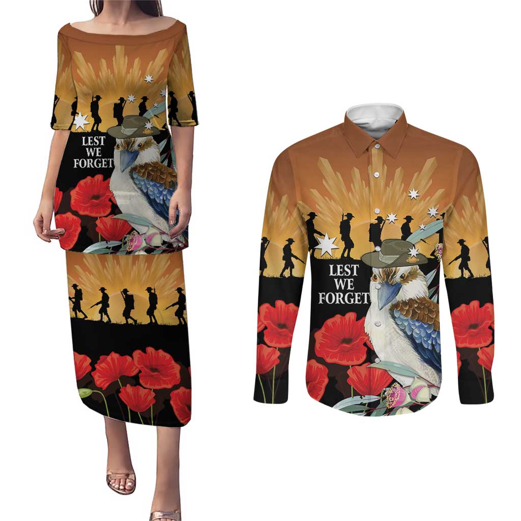 Australia Kookaburra ANZAC Day Couples Matching Puletasi and Long Sleeve Button Shirt Rising Sun 25th April Poppy Eucalyptus Blossoms - Aussie Hoodie