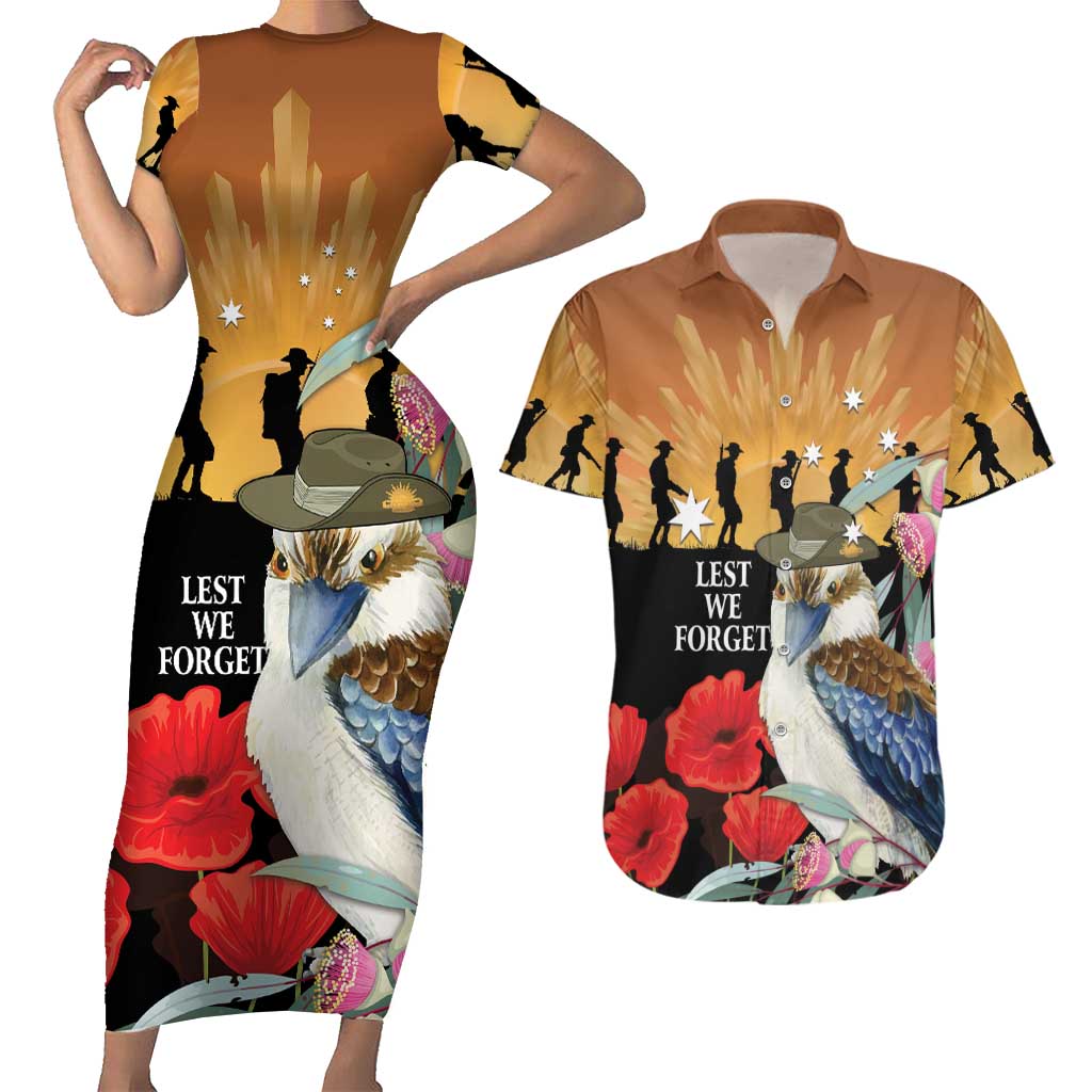 Australia Kookaburra ANZAC Day Couples Matching Short Sleeve Bodycon Dress and Hawaiian Shirt Rising Sun 25th April Poppy Eucalyptus Blossoms - Aussie Hoodie