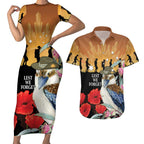 Australia Kookaburra ANZAC Day Couples Matching Short Sleeve Bodycon Dress and Hawaiian Shirt Rising Sun 25th April Poppy Eucalyptus Blossoms - Aussie Hoodie