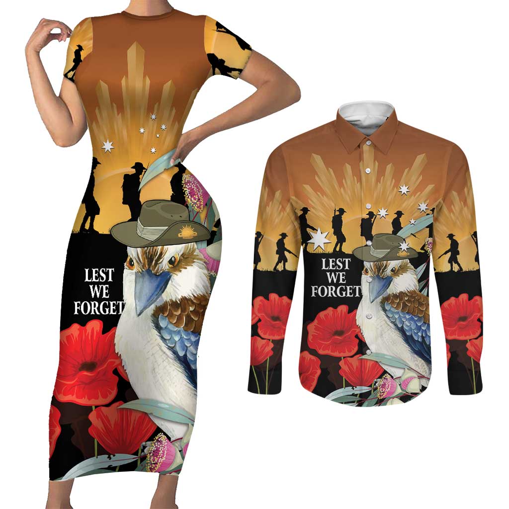Australia Kookaburra ANZAC Day Couples Matching Short Sleeve Bodycon Dress and Long Sleeve Button Shirt Rising Sun 25th April Poppy Eucalyptus Blossoms - Aussie Hoodie