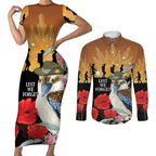 Australia Kookaburra ANZAC Day Couples Matching Short Sleeve Bodycon Dress and Long Sleeve Button Shirt Rising Sun 25th April Poppy Eucalyptus Blossoms - Aussie Hoodie