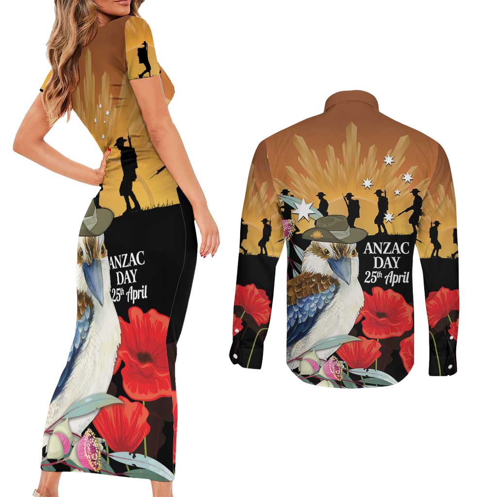 Australia Kookaburra ANZAC Day Couples Matching Short Sleeve Bodycon Dress and Long Sleeve Button Shirt Rising Sun 25th April Poppy Eucalyptus Blossoms - Aussie Hoodie