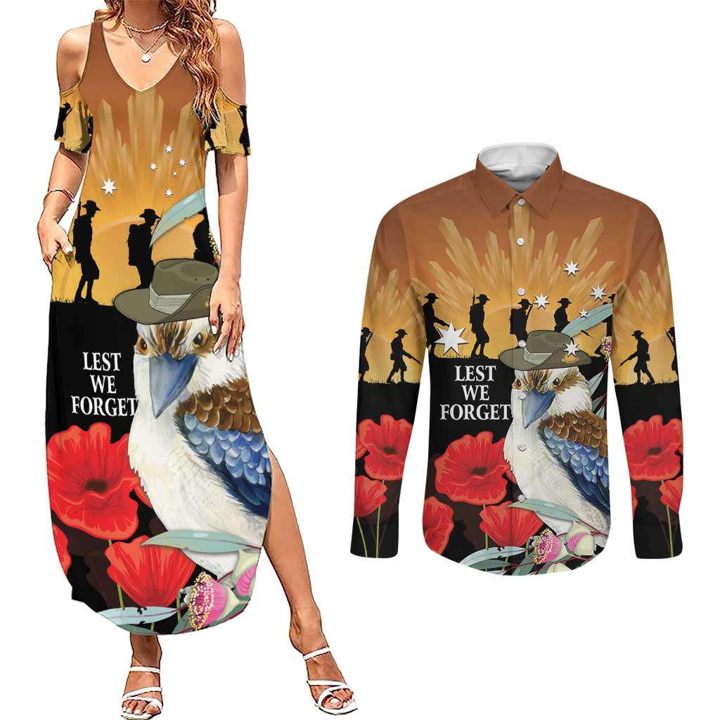 Australia Kookaburra ANZAC Day Couples Matching Summer Maxi Dress and Long Sleeve Button Shirt Rising Sun 25th April Poppy Eucalyptus Blossoms - Aussie Hoodie