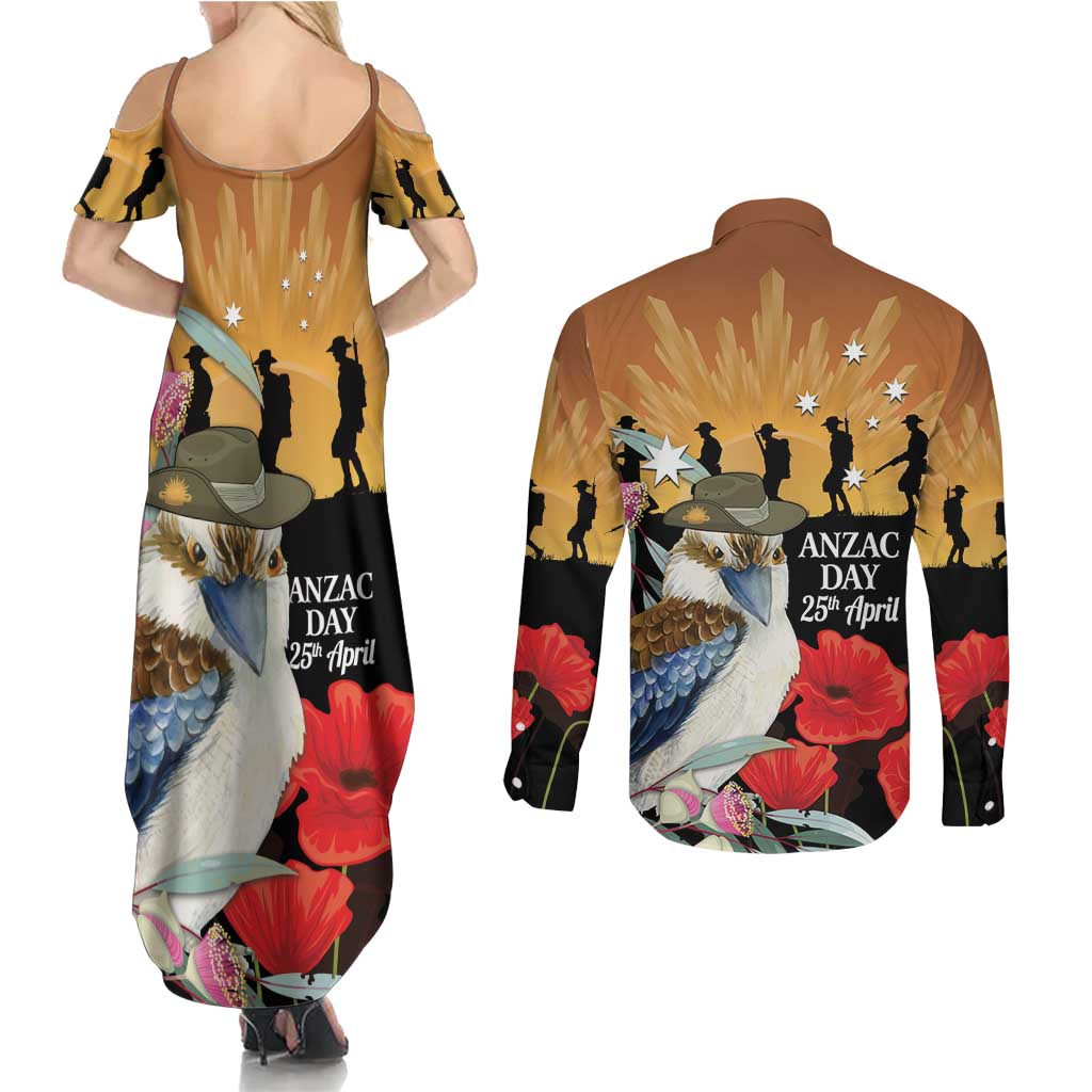 Australia Kookaburra ANZAC Day Couples Matching Summer Maxi Dress and Long Sleeve Button Shirt Rising Sun 25th April Poppy Eucalyptus Blossoms - Aussie Hoodie