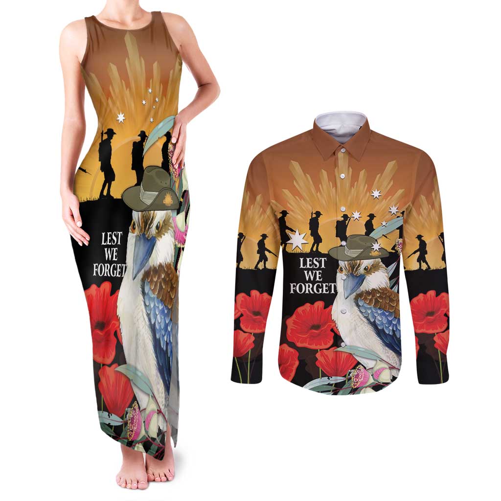 Australia Kookaburra ANZAC Day Couples Matching Tank Maxi Dress and Long Sleeve Button Shirt Rising Sun 25th April Poppy Eucalyptus Blossoms - Aussie Hoodie