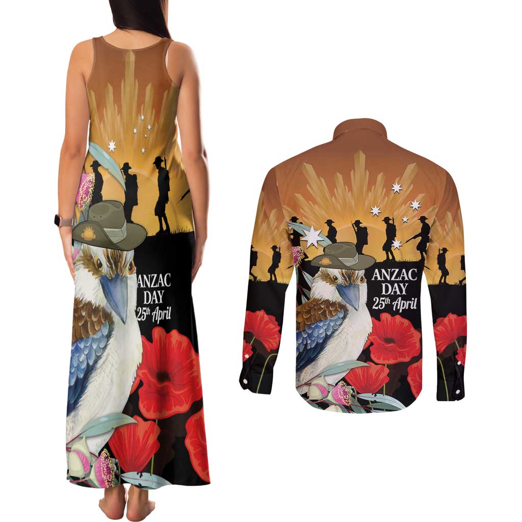Australia Kookaburra ANZAC Day Couples Matching Tank Maxi Dress and Long Sleeve Button Shirt Rising Sun 25th April Poppy Eucalyptus Blossoms - Aussie Hoodie