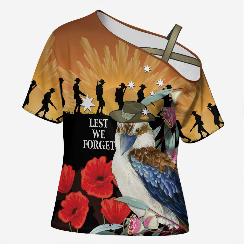 Australia Kookaburra ANZAC Day Cross Shoulder Shirt Rising Sun 25th April Poppy Eucalyptus Blossoms - Aussie Hoodie