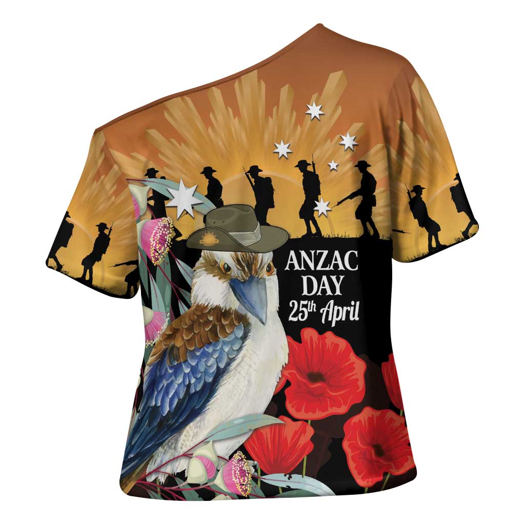 Australia Kookaburra ANZAC Day Cross Shoulder Shirt Rising Sun 25th April Poppy Eucalyptus Blossoms - Aussie Hoodie