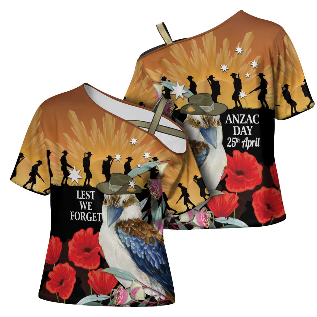 Australia Kookaburra ANZAC Day Cross Shoulder Shirt Rising Sun 25th April Poppy Eucalyptus Blossoms - Aussie Hoodie