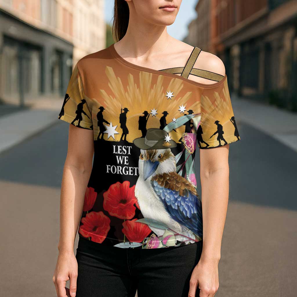 Australia Kookaburra ANZAC Day Cross Shoulder Shirt Rising Sun 25th April Poppy Eucalyptus Blossoms - Aussie Hoodie