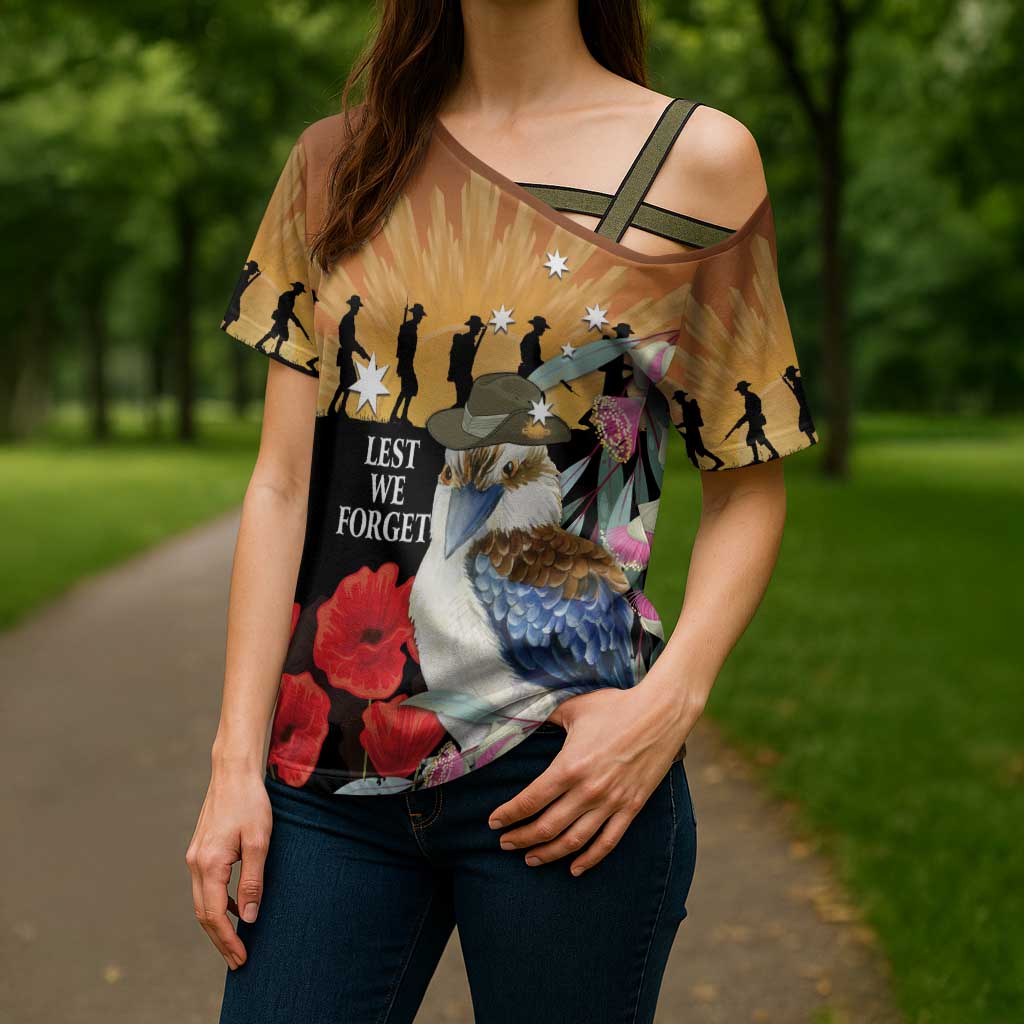 Australia Kookaburra ANZAC Day Cross Shoulder Shirt Rising Sun 25th April Poppy Eucalyptus Blossoms - Aussie Hoodie
