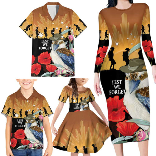 Australia Kookaburra ANZAC Day Family Matching Long Sleeve Bodycon Dress and Hawaiian Shirt Rising Sun 25th April Poppy Eucalyptus Blossoms