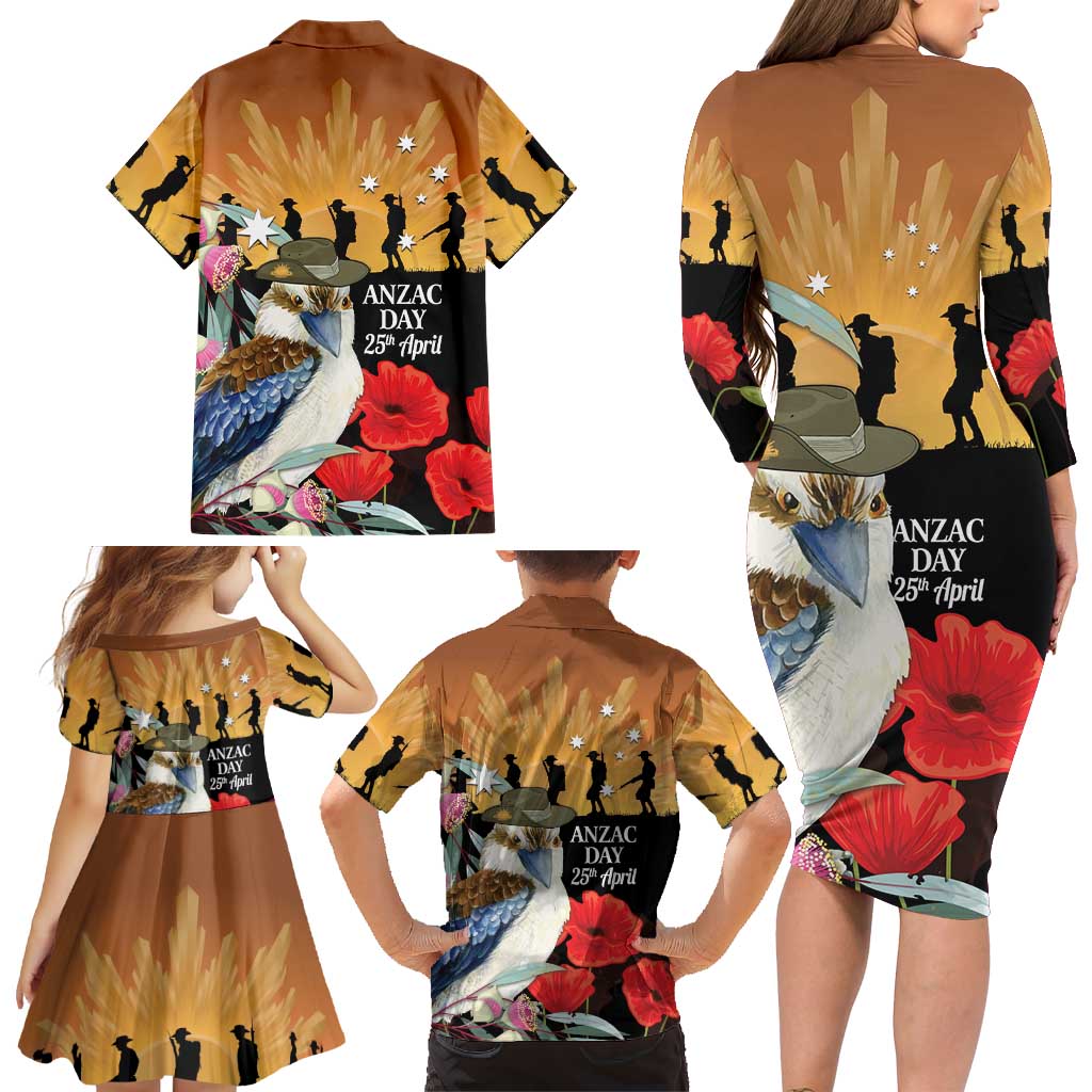 Australia Kookaburra ANZAC Day Family Matching Long Sleeve Bodycon Dress and Hawaiian Shirt Rising Sun 25th April Poppy Eucalyptus Blossoms