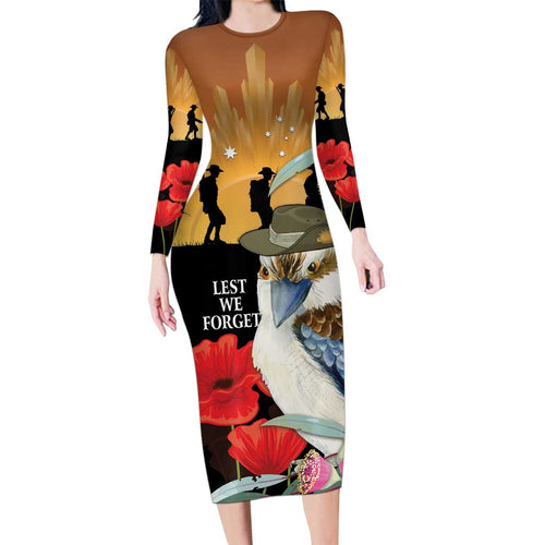 Australia Kookaburra ANZAC Day Family Matching Long Sleeve Bodycon Dress and Hawaiian Shirt Rising Sun 25th April Poppy Eucalyptus Blossoms