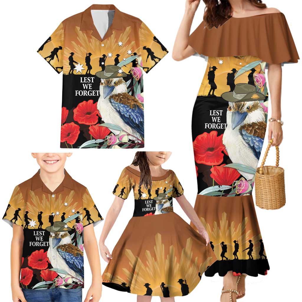 Australia Kookaburra ANZAC Day Family Matching Mermaid Dress and Hawaiian Shirt Rising Sun 25th April Poppy Eucalyptus Blossoms