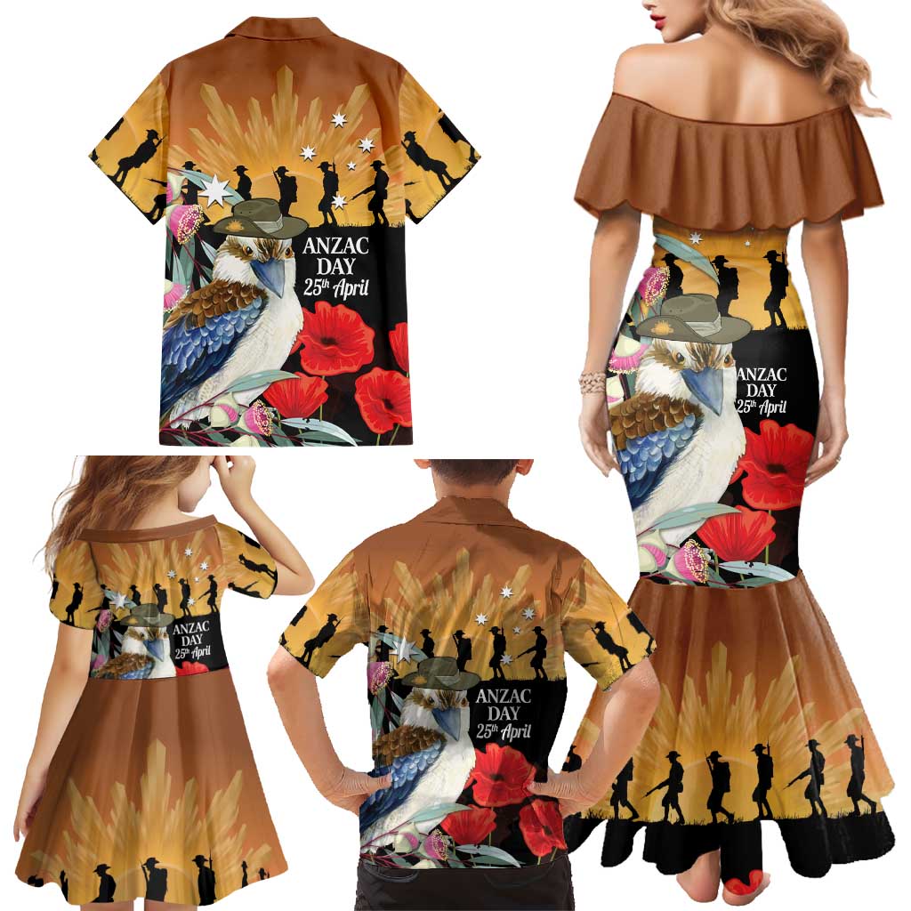 Australia Kookaburra ANZAC Day Family Matching Mermaid Dress and Hawaiian Shirt Rising Sun 25th April Poppy Eucalyptus Blossoms