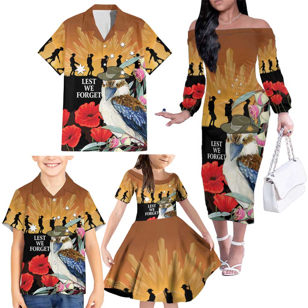 Australia Kookaburra ANZAC Day Family Matching Off The Shoulder Long Sleeve Dress and Hawaiian Shirt Rising Sun 25th April Poppy Eucalyptus Blossoms