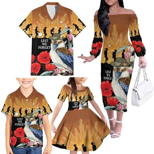 Australia Kookaburra ANZAC Day Family Matching Off The Shoulder Long Sleeve Dress and Hawaiian Shirt Rising Sun 25th April Poppy Eucalyptus Blossoms
