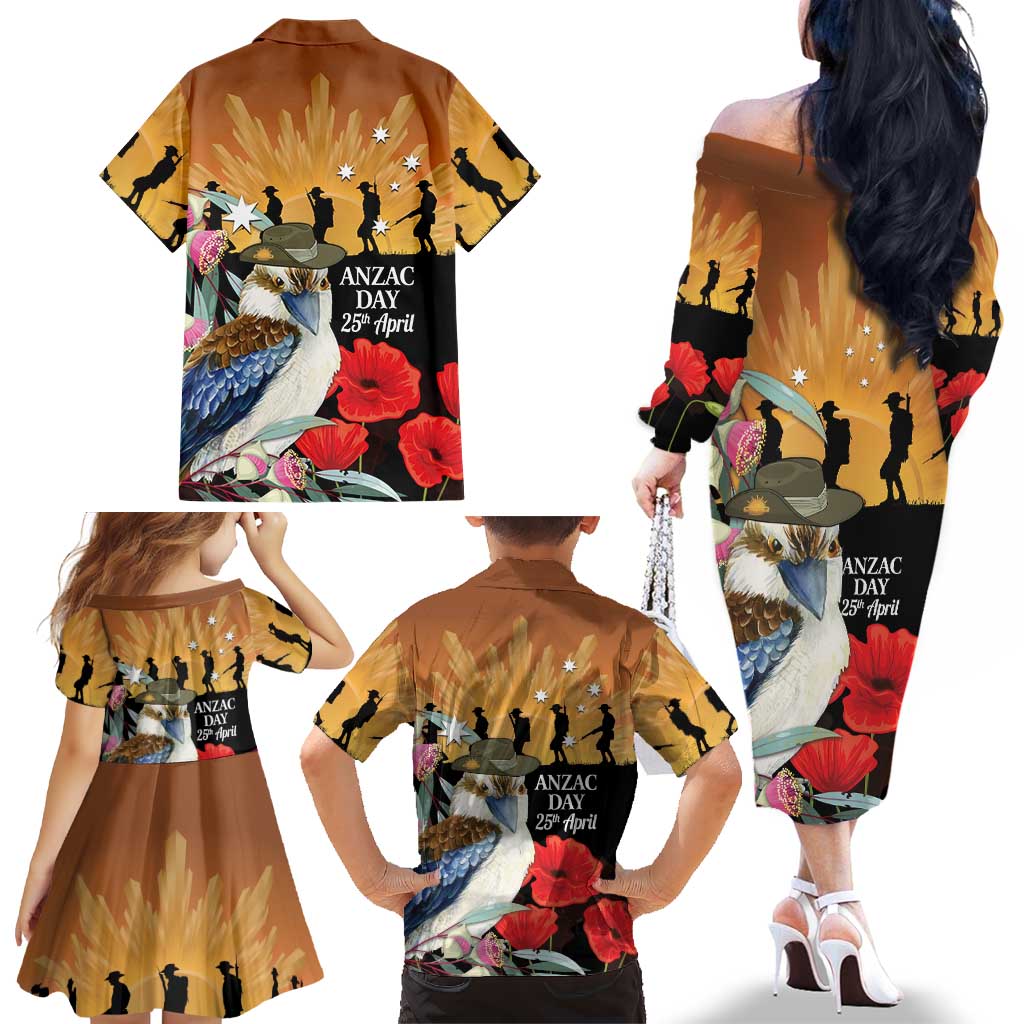 Australia Kookaburra ANZAC Day Family Matching Off The Shoulder Long Sleeve Dress and Hawaiian Shirt Rising Sun 25th April Poppy Eucalyptus Blossoms