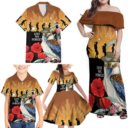 Australia Kookaburra ANZAC Day Family Matching Off Shoulder Maxi Dress and Hawaiian Shirt Rising Sun 25th April Poppy Eucalyptus Blossoms