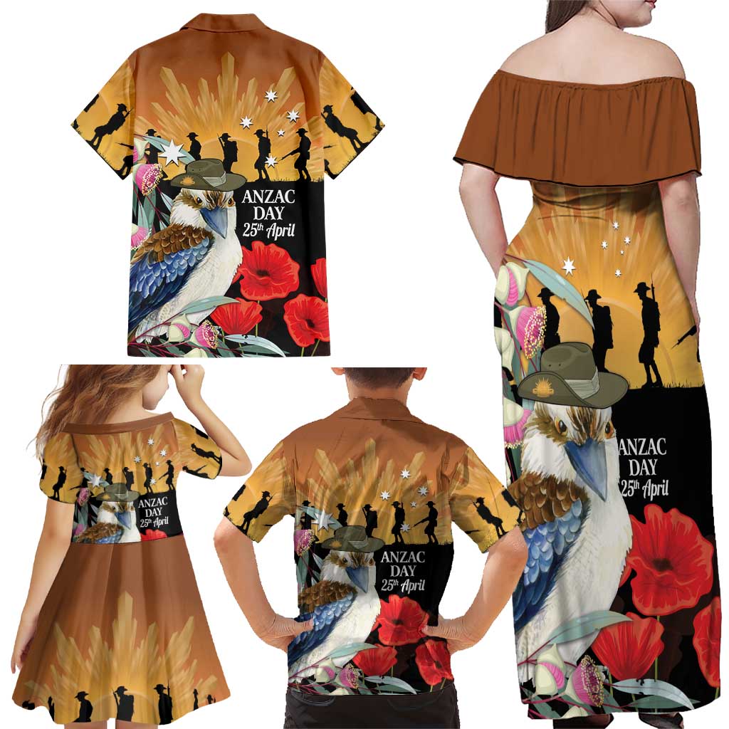 Australia Kookaburra ANZAC Day Family Matching Off Shoulder Maxi Dress and Hawaiian Shirt Rising Sun 25th April Poppy Eucalyptus Blossoms